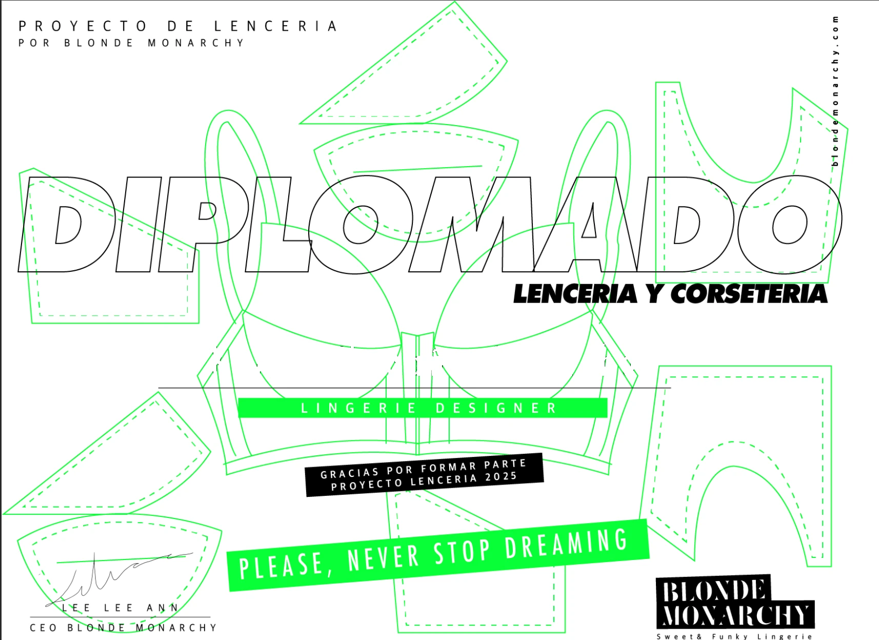 Certificado del Diplomado de Lencería y Corsetería, firmado por Lee Lee Ann