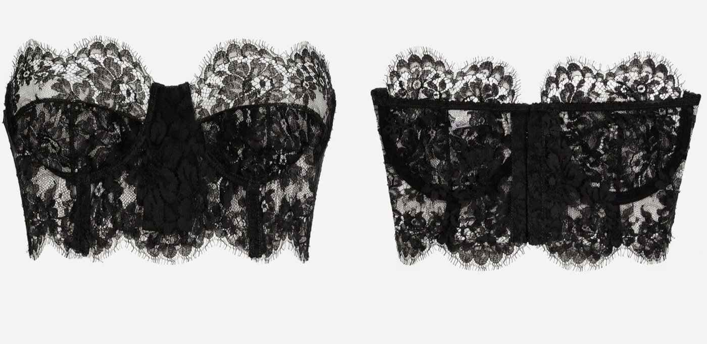 Bustier de encaje negro terminado, vista de frente y de espalda