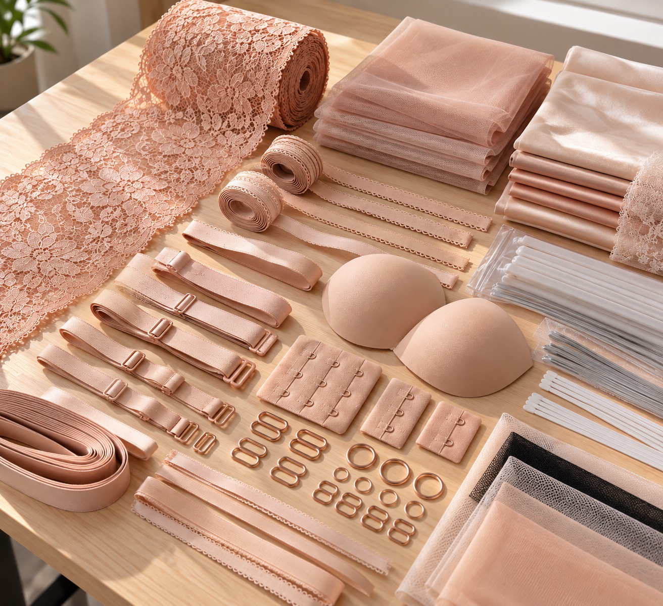Kit profesional del Diplomado: encajes, tul, telas satinadas, elásticos, tirantes, broches, argollas, reguladores, copas preformadas y varillas